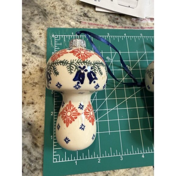 2 Handpainted Boleslawiec Poland Pottery Puffy MUSHROOM Christmas Tree Ornament - Picture 6 of 6